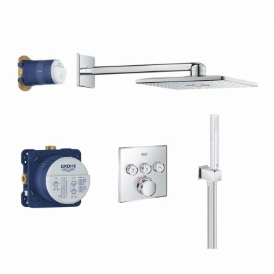 SISTEM DUS TERMOSTATIC INCASTRAT GROHTHERM SMARTCONTROL, RAINSHOWER 310 SmartActive CUBE, 2 JETURI, SET DUS EUPHORIA CUBE STICK, FURTUN SILVERFLEX 150 CM