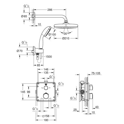 SISTEM DUS GROHTHERM PATRAT CU CAP DUS TEMPESTA 210, SET DUS TEMPESTA 100 II , FURTUN ROTAFLEX 1500