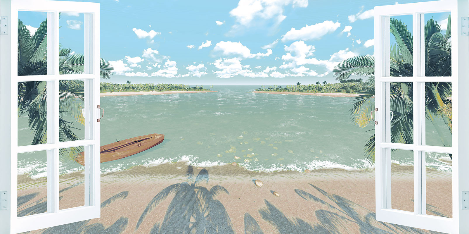 Set Decorativ 4 Plăci KAI View, finisaj lucios, decor peisaj exotic cu plajă, 60 x 30 cm