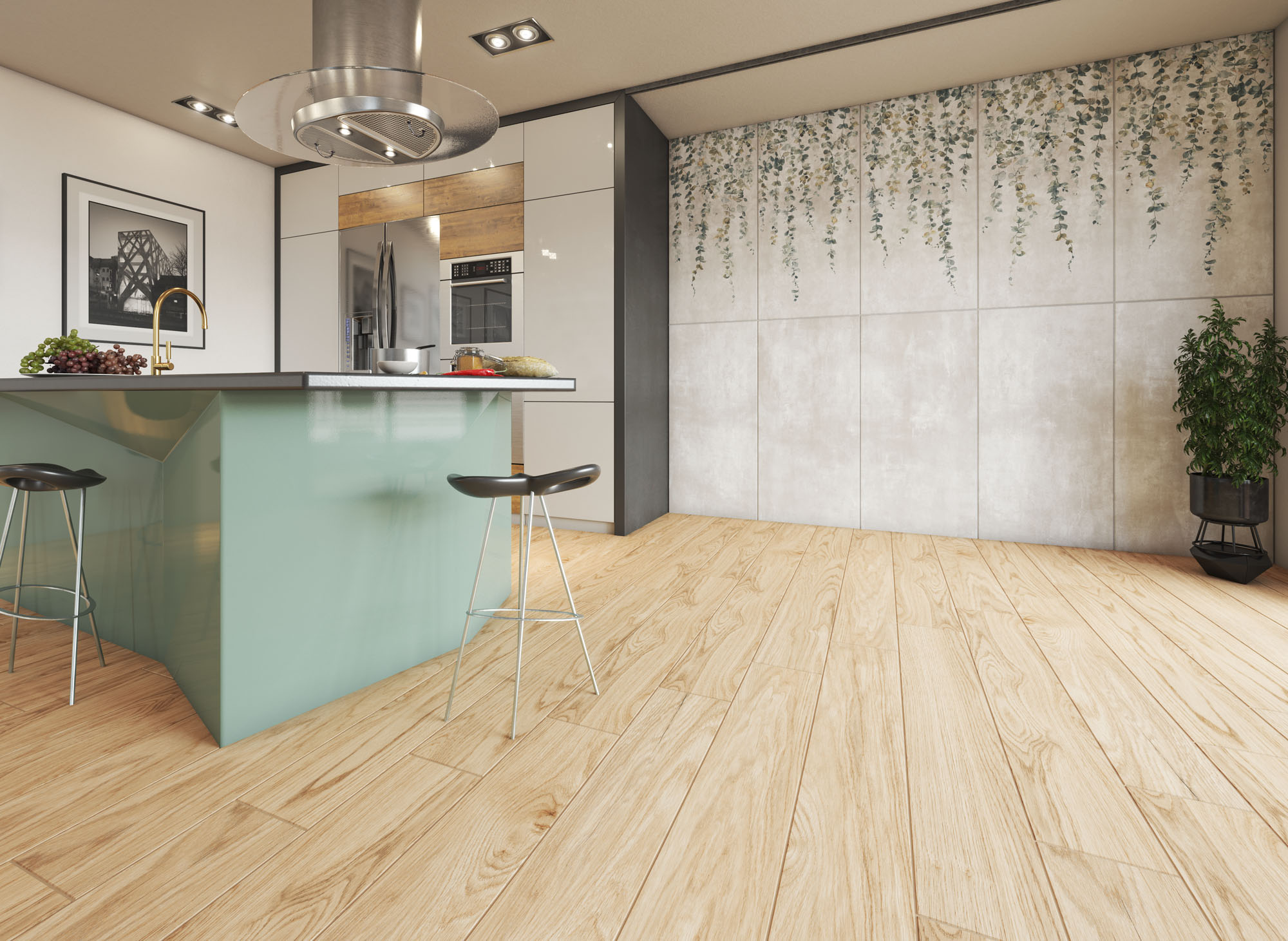 Gresie Porțelanată Rectificată Interior, Exterior 60x120 R CEMENTO -  Argintiu Gri - Decor Frunze - KAI Ceramics