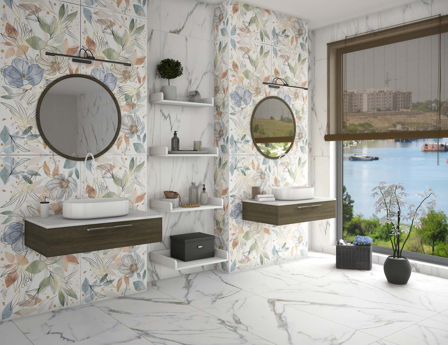 Gresie Porțelanată Rectificată Interior, Exterior 60x120 R QUARRY - Satin Matt - Decor - Floral-Alb - KAI Ceramics